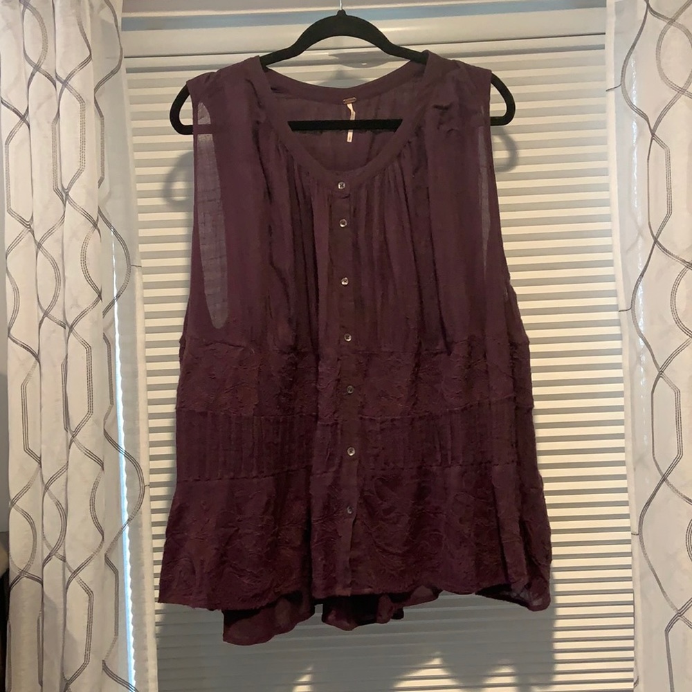 Free People Plum Embroidered Button Down Flowy Top